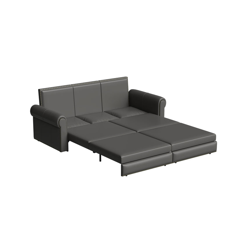 93.7 ' Pull Out Sofa Bed, 3-in-1 Grey Faux Leather Convertible Sleeper Sofa with Nailhead Trim & Rolled Arm,Multi-Functional Sofa Bed for Living Room,Bedroom,Apartment,Office
