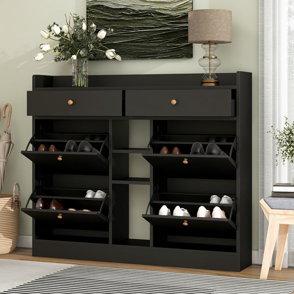 ON-TREND Modern Tipping Bucket Shoe Cabinet with 4 Flip Drawers, Multifunctional 2-Tier Shoe Storage Organizer with Drawers, Free Standing Shoe Rack for Entrance Hallway, Black.