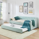 Twin‑Size Daybed,Upholstered Convertible Daybed with Tufted Button Backrest, 3‑in‑1 Versatile Sofa Bed with Pull‑Out Trundle & Side Storage, Perfect for Compact Living-CYAN