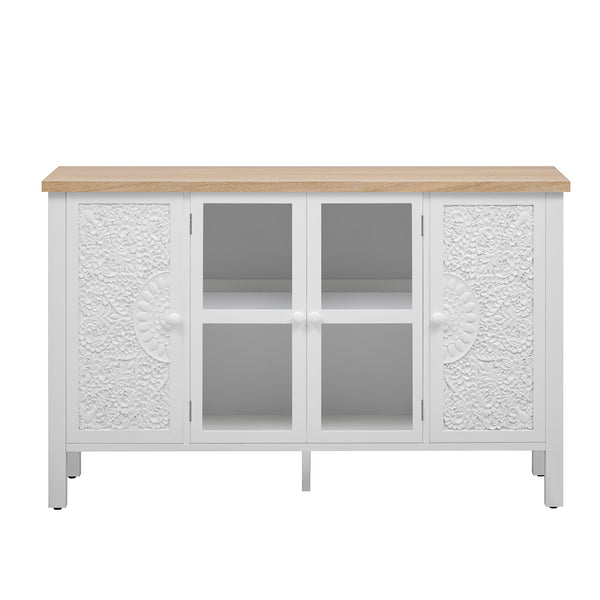 U-Can 47.2'' Retro TV Stand for TVs up to 43 Inches, Entertainment Center Media Console Cabinet with 3 Spacious Cabinets, Glass Cabinet Doors and Anti-tip Device for Living room
