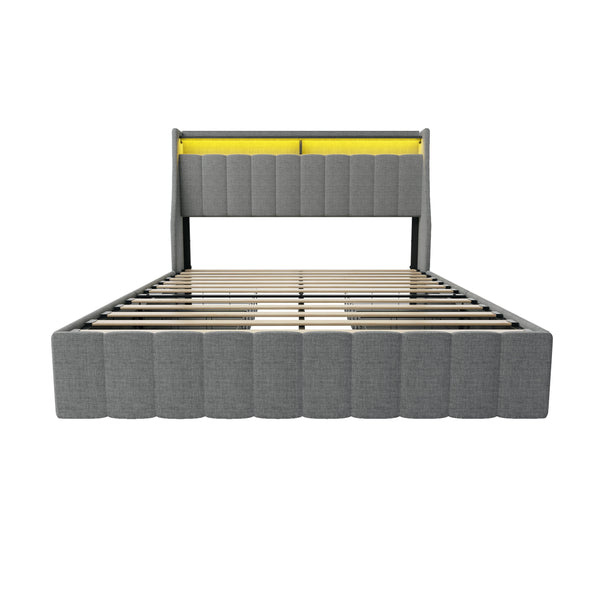 Modern Upholstered Full Size Bed Frame with LED, Under-bed Storage Drawers, Wings Headboard, Light Grey