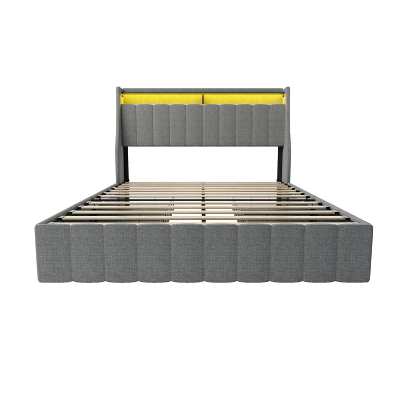 Modern Upholstered Full Size Bed Frame with LED, Under-bed Storage Drawers, Wings Headboard, Light Grey