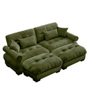 Modern Over Size Velvet Two-Seater Sofa with Ottoman, Round Bolster Armrests, Waist & Throw Pillows, Olive Green