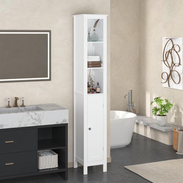 66.92' Tall Bathroom Storage Cabinet with Adjustable Shelves,Slim 1 Doors Freestanding Cabinet with Anti-Tip, Open compartments, for Home, Small Spaces, Bathroom,Kitchen, Living Room, White