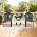 3-Piece Set Of Cast Aluminum Patio Furniture  With Black Frame and Blue Seat Cushions