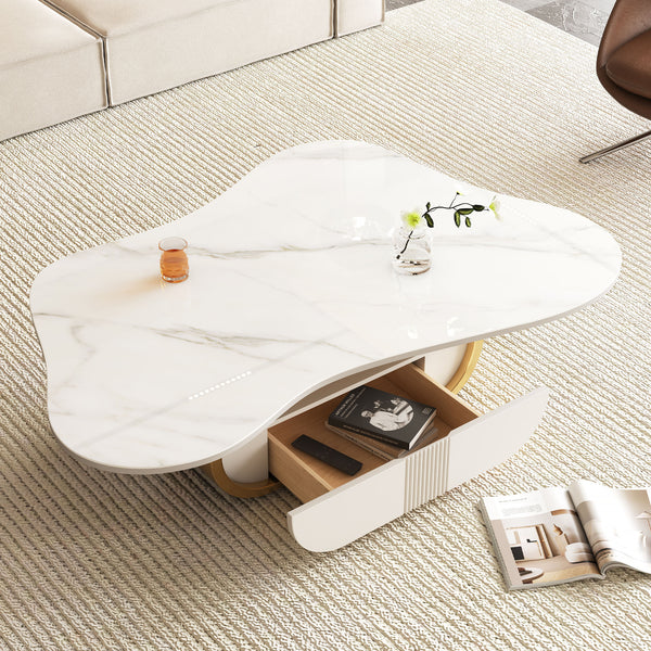 Modern Butterfly Coffee Table with Sintered Stone Top – Oval Center Table with Storage Shelf & Drawer, Stainless Steel Base & MDF Cabinet