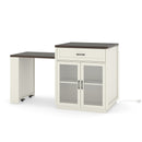 83.1'' Extendable Kitchen Island with Slide Out Table and Storage Racks for 2-6 Person,Kitchen Island with Tempered Glass Doors,Walnut Woodgrain Dining Table,Power Outlet,Bar,Prep Station(Cream White)