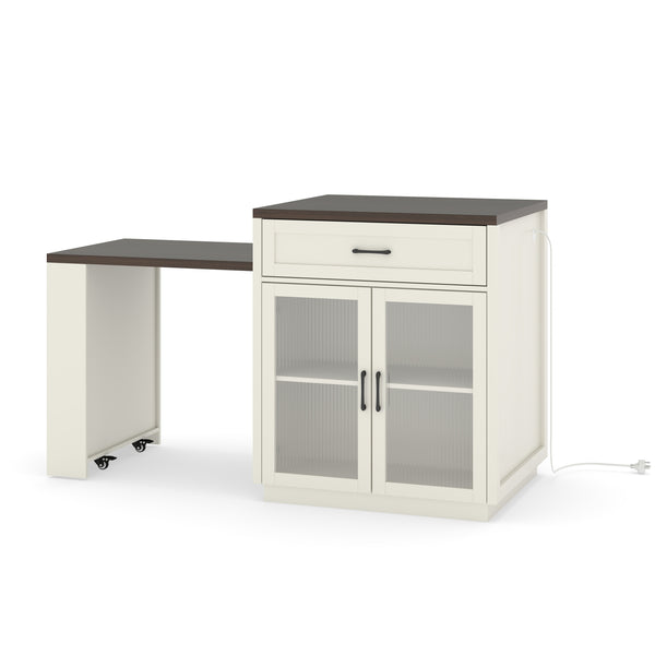 83.1'' Extendable Kitchen Island with Slide Out Table and Storage Racks for 2-6 Person,Kitchen Island with Tempered Glass Doors,Walnut Woodgrain Dining Table,Power Outlet,Bar,Prep Station(Cream White)