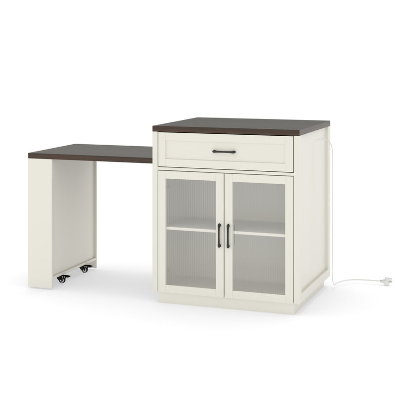 83.1'' Extendable Kitchen Island with Slide Out Table and Storage Racks for 2-6 Person,Kitchen Island with Tempered Glass Doors,Walnut Woodgrain Dining Table,Power Outlet,Bar,Prep Station(Cream White)
