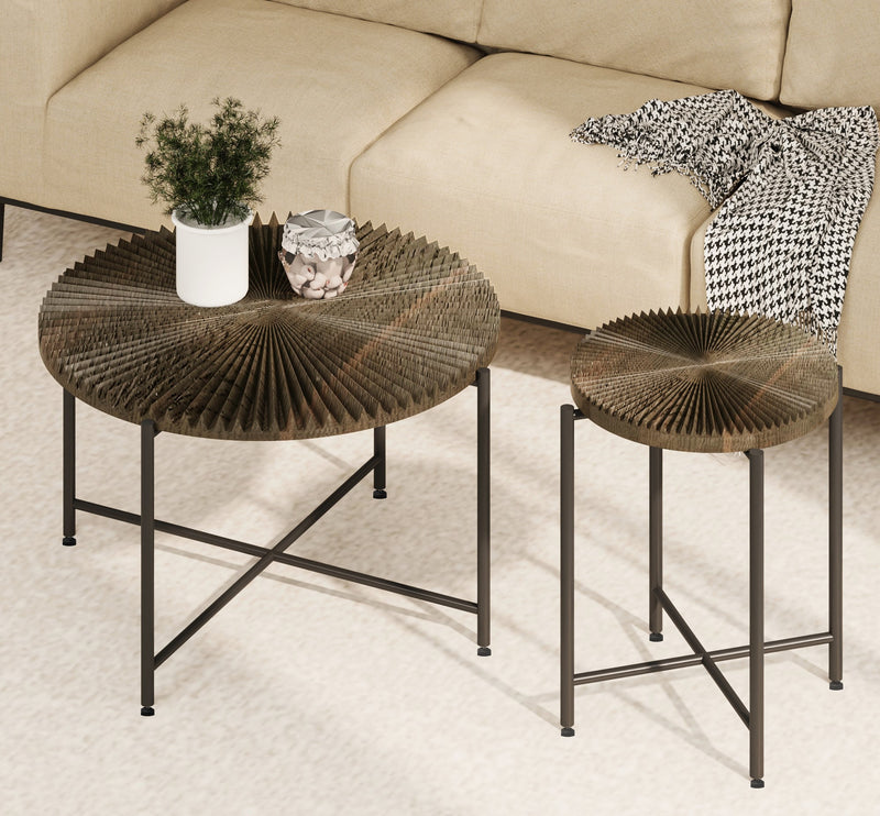 Radial Pattern 2-Piece Coffee and End Table Set – Waterproof MDF with PVC Cover, Distressed Cylindrical Design, Black Metal Legs – Classic Rustic Charm, Dark Walnut