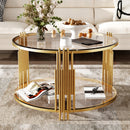 Modern Glass Coffee Table in 31.5', Asymmetrical Metal, Circular Metal Drum Base, Gold Finish & Lower Shelf