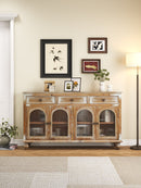 59.06' Farmhouse Sideboard Buffet Cabinet, Distressed Wood Credenza with 3 Drawers & 4 Glass Doors, Rustic Storage Cabinet with Shelves for Kitchen, Dining Room, Living Room, Antique Brown & White