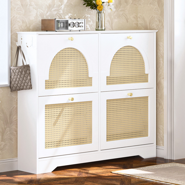Mid-Century Narrow Design Tipping Bucket Shoe Cabinet with 4 Flip Drawers, Elegant Entryway Shoe Organizer with 4 Rattan Doors, Freestanding Shoe Rack with 2 Silvery Hooks for Hallway, White, 42.1'W