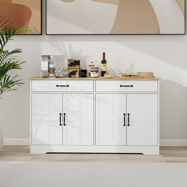 55.91' Large Farmhouse Buffet Cabinet Storage Sideboard with 2 Drawers and 4 Doors for Dining Living Room Kitchen Cupboard-White