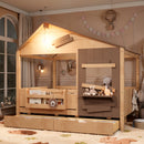 Full Size Farmhouse Spliced House Bed with Window Shelf & Side Hooks, Playhouse Bed Frame with Underbed Storage Drawers and LED,Light Natural