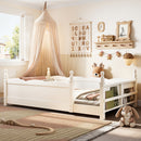 Twin Floor Bed with Full-Length Guardrails. Kids Montessori Floor Bed With Beside Book Shelf,Childlike Design,Beige