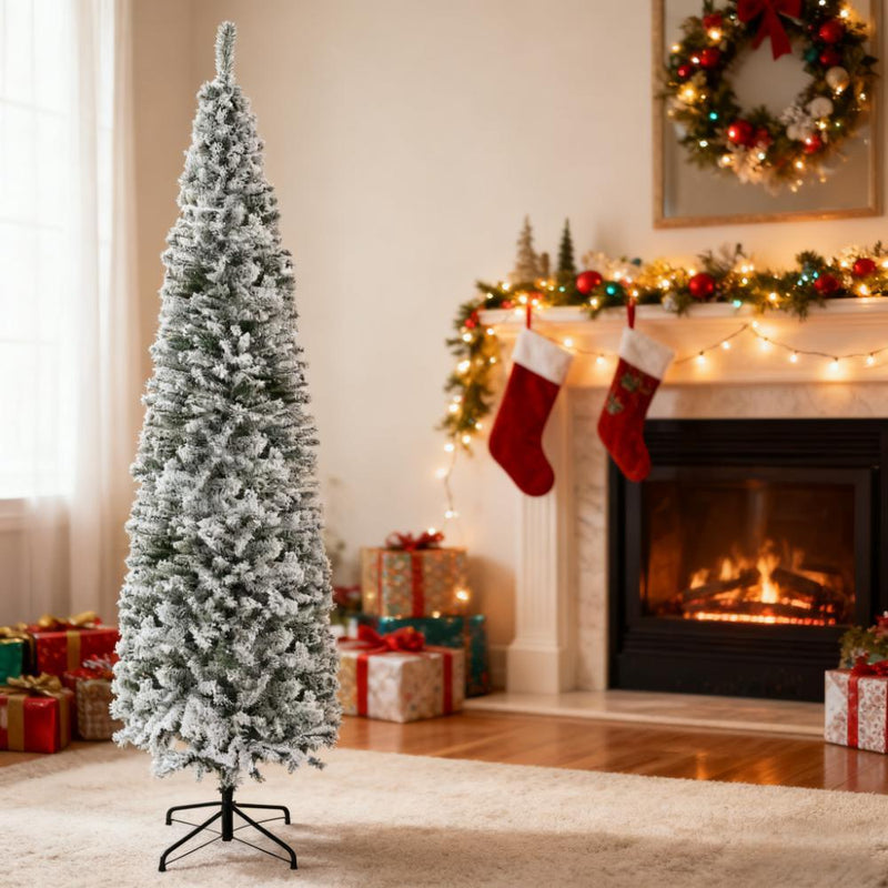 Indoor Holiday Decor,9ft Flocked Christmas Tree, Pencil Artificial Xmas Tree with Faux Snow