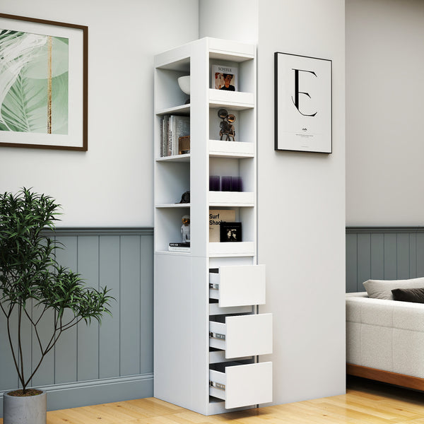 70.87' H Display Storage  Cabinet , 4-Tier Shelf, 3 Side Drawers & 4 small display shelves , Modern Wooden Tall Bookshelf Bookcase for Living Room Home Office
