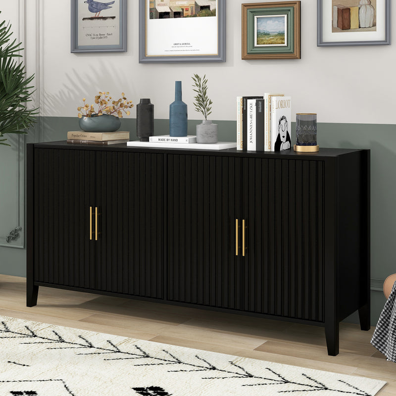 U_Style 63.1''Modern 4-Vertical Wavy Slatted Doors Sideboard,Storage Cabinet With Elegant Design, Solid Wood Legs with Painted,Metal Handles,for Dining Room,Living Room, Kitchen, or Entryway(Black)