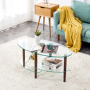 Modern Transparent Oval Glass Coffee Table with Oak Wood Legs, 3-Layer Design for Living Room