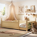 Twin Floor Bed with Full-Length Guardrails. Kids Montessori Floor Bed With Beside Book Shelf,Childlike Design,Natural