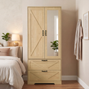 2 Door Wood Wardrobe for Bedroom with Hanging Clothing Rod inside the Cabinet and 2 Drawers for Storage Organization, Built-in induction light Multifunctional Closet with Mirror, Natural