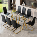 Tempered Glass Dining Table Set for 8, Modern Rectangular Kitchen Table with Gold-Plated Metal Legs, 8 Black PU Leather Upholstered Dining Chairs with Gold-Plated Base