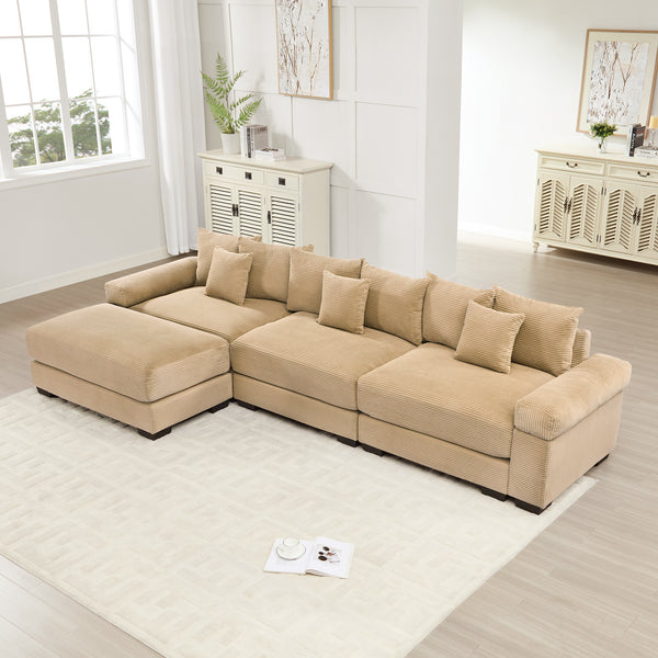 130' Oversized Cloud Modular L-Shape Sectional Couch, Soft Corduroy Fabric,With Chaise Deep Seat Wide Armrest Ergonomic Design 9 Pillows Easy Assembly,For Living Rooms bedroom,Camel