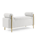Elegant Upholstered Linen Storage Bench with Cylindrical Arms and Iron Legs, White
