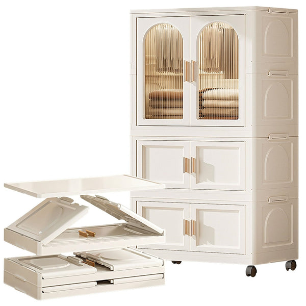 25.59' Side Wide Folding Wardrobe , 25.59'×15.75'×57.09',  with Magnetic Door, Plastic Storage Cabinet with Wheels( one layer of wardrobe + two layers of  folding boxes+10 hangers )