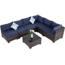 7-Piece Outdoor Patio Furniture Set, All-Weather Wicker Rattan Sectional Sofa with Thick Cushions & Glass Table, Modular Patio Conversation Furniture for Backyard, Poolside & Garden (Brown-Blue)