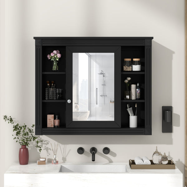 35'' x 28'' Wall Mounted Bathroom Storage Cabinet, Medicine Cabinet, Modern Bathroom Wall Cabinet with Mirror, Mirror Cabinet with 6 Open Shelves (Not Include Bathroom Vanity )