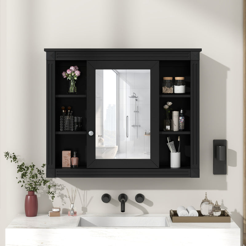 35'' x 28'' Wall Mounted Bathroom Storage Cabinet, Medicine Cabinet, Modern Bathroom Wall Cabinet with Mirror, Mirror Cabinet with 6 Open Shelves (Not Include Bathroom Vanity )