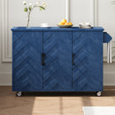 K&K 51.2'W 3D Wave Stripes Ash Veneer(Not Cheap Paper) Kitchen Island with Drop Leaf, Farmhouse Kitchen Island on Wheels with Internal Storage Rack, Rolling Kitchen Cart (Navy Blue)