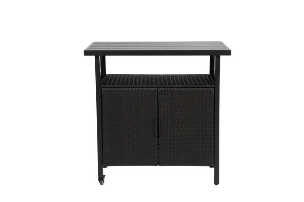 Outdoor Wicker Bar Cart, Patio Wine Serving Cart w/Wheels , Rolling Rattan Beverage Bar Counter Table w/Glass Top for Porch Backyard Garden Poolside Party, Black