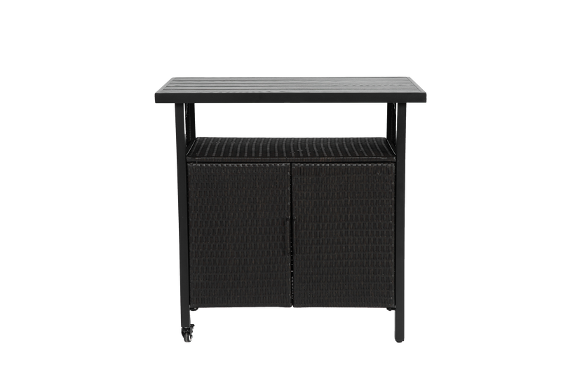 Outdoor Wicker Bar Cart, Patio Wine Serving Cart w/Wheels , Rolling Rattan Beverage Bar Counter Table w/Glass Top for Porch Backyard Garden Poolside Party, Black