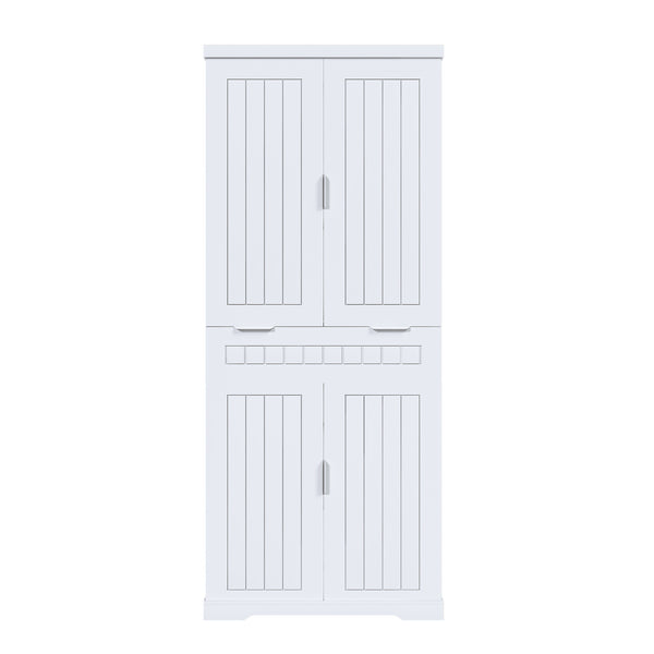 Farmhouse Style White Pantry Cabinet with Drawer, 2 Cabinets & 6 Door Shelves, Adjustable Shelves, Freestanding Cupboard