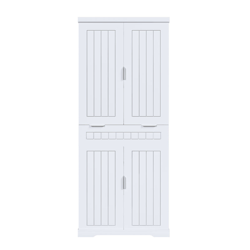 Farmhouse Style White Pantry Cabinet with Drawer, 2 Cabinets & 6 Door Shelves, Adjustable Shelves, Freestanding Cupboard