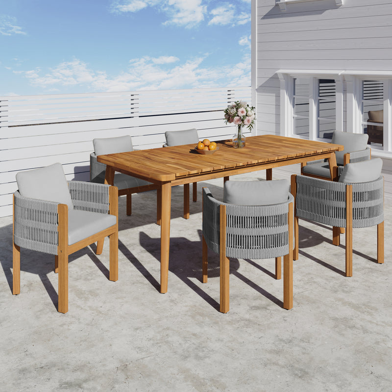 Outdoor Dining Set with Acacia Wood Table and 6 Chairs, Washable Waterproof Cushions, Slatted Tabletop for Patio Garden, Grey