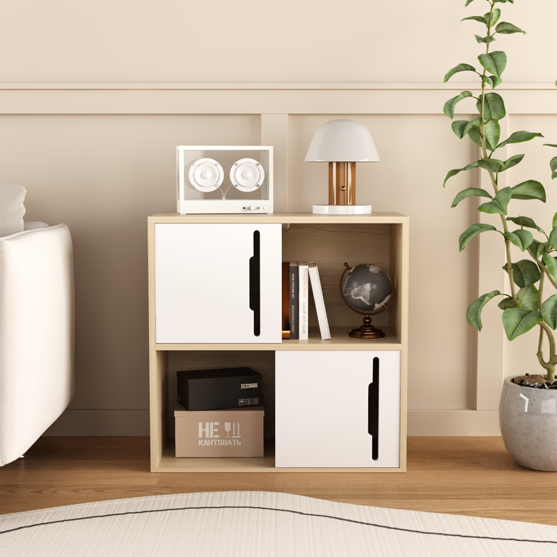 Modern Wooden Storage Cabinet with Sliding Doors,2-Tier Open and Closed Shelves Organizer,Natural Wood Finish with White Panels,for Living Room,Bedroom,or Kids'Room