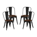 Set of 4 High Gloss Black with Walnut Wooden Seat Industrial Metal Dining Chairs 18 Inch Seat Height Stackable, Indoor Outdoor, Lightweight Easy-Clean Surface, Easy Assembly, Durable Modern Design