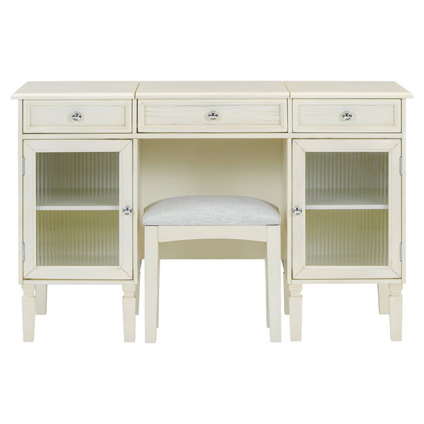 Multi-Functional 2-in-1 Vanity Desk with Flip-Top Mirror, White Oak, MDF Material, 46.5-Inch