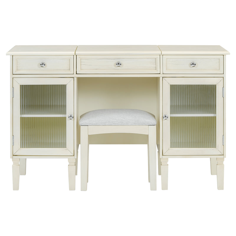 Multi-Functional 2-in-1 Vanity Desk with Flip-Top Mirror, White Oak, MDF Material, 46.5-Inch