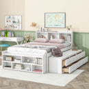 Full Bed with Bookcase Headboard, Under bed Storage Drawers and Bed End Storage Case,White