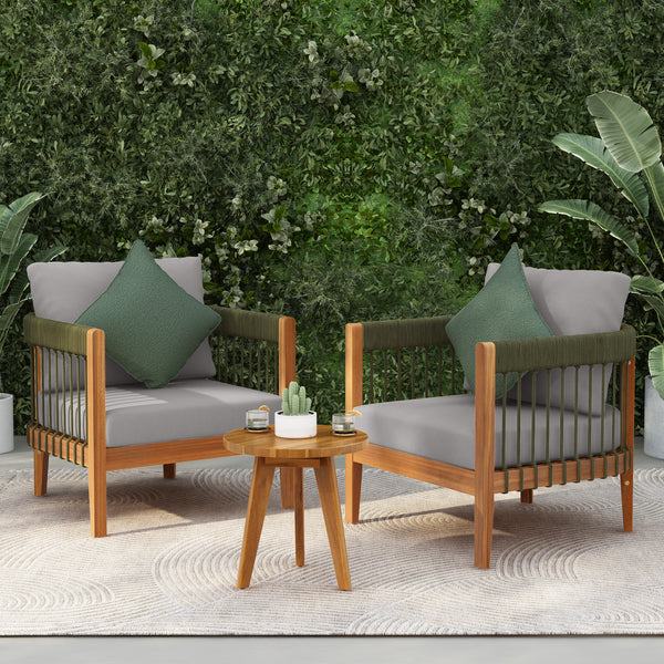 3 Pcs Set Acacia Wood Outdoor Club Chair with Handwoven Rope Accents & Curved Backrest - Water-Resistant Boho Patio Lounge Chair with Removable Cushions for Porch, Garden
