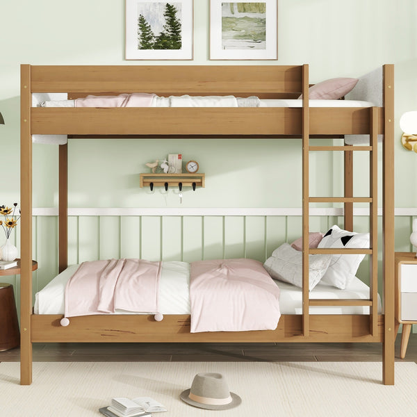 Twin Over Twin Bunk Bed with Boucle Upholstered Headboard and Footboard,Ladder, Safety Guardrails,Rubber Wooden Bunk Bed,Natural