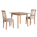 3 Piece Kitchen Dining Set with Drop Leaf Table and Upholstered Chairs in Natural Finish, Solid Wood and MDF