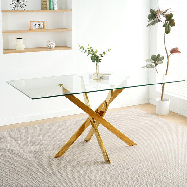 Modern Kitchen Glass dining table 63' Rectangular Tempered Glass Table top, Gold stainless steel legs , suitable for kitchens, restaurants, and living rooms(set of 1)