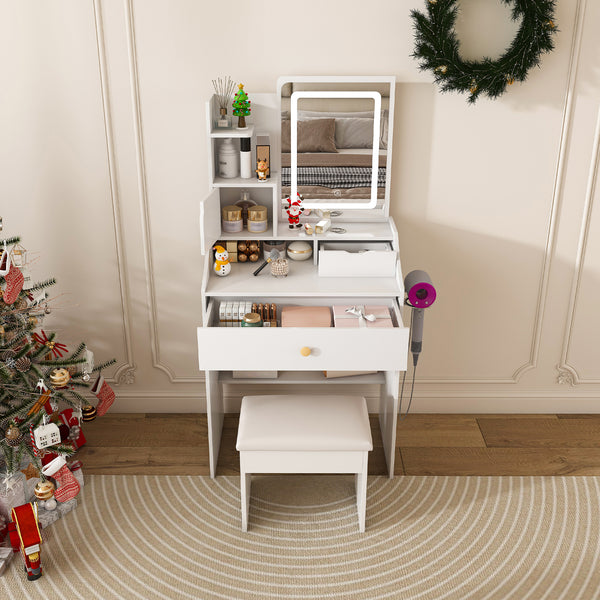 3-Color LED Vanity Mirror with Stool, Pink Dressing Table for Bedroom, 2 Drawers & 5 Storage Cabinets (4 Open + 1 Hidden), Adjustable Lighting (White)