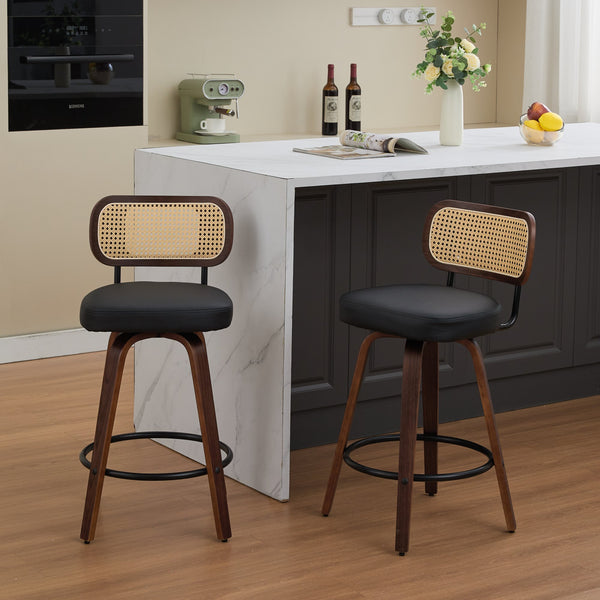 Set of 2 Counter Height Bar Stools - 26 inch Rattan Counter Height Stools with Cane Back, Upholstered Seat, Walnut Craftsmanship, Swivel Counter Stools for Island/Kitchen/Counter/Bar (Walnut Black)